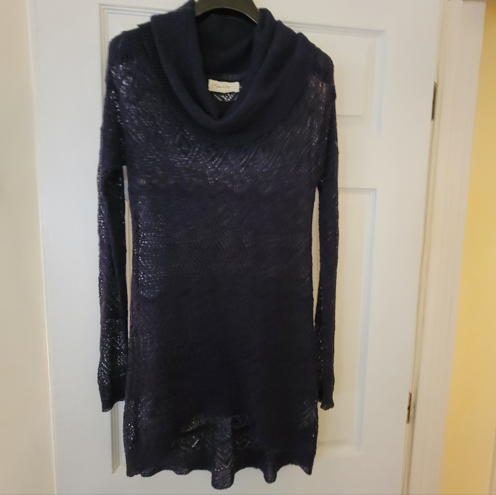Grace & Lace Blouse Top Fairy  Round Neck Goth Crochet Long Tunic Lace Navy